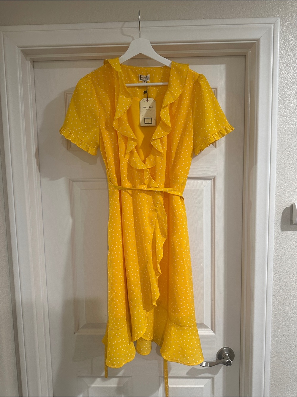 Doe & Rae Bright Yellow Polka Dot Ruffle Wrap Dress